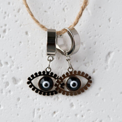 Silver Scalloped Evil Eye Drop Earrings hang under the hemp rope