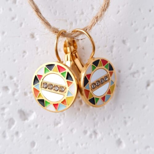Colorful Geometric Enamel Coin Drop Earrings hang under the hemp rope