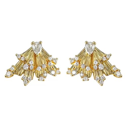 Art Deco Gold Fan CZ Cluster Stud Earrings