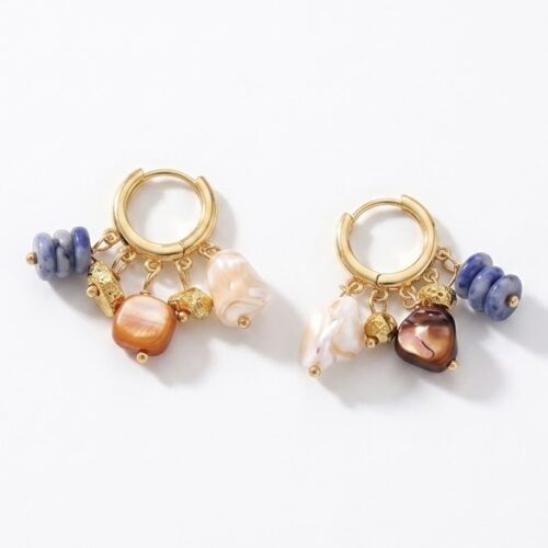 Boho Gold Huggie Hoops with Mixed Sodalite & Pearl Charms