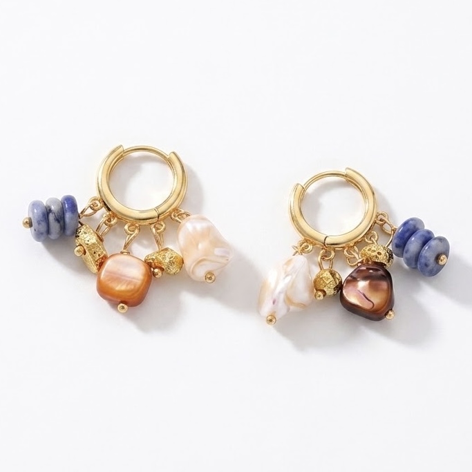 Boho Gold Huggie Hoops with Mixed Sodalite & Pearl Charms