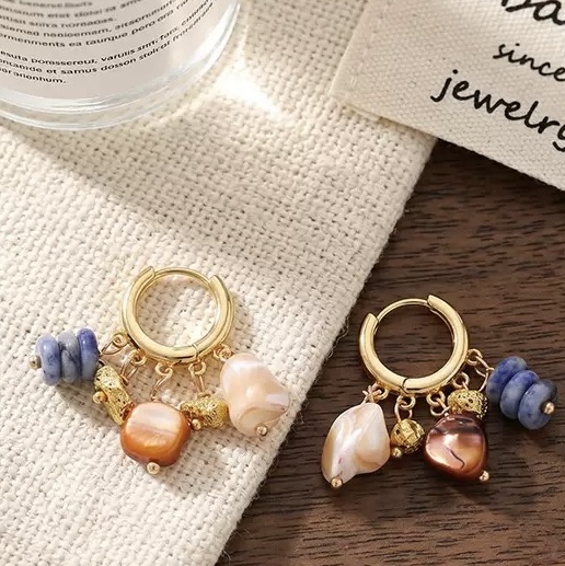 Boho Gold Huggie Hoops with Mixed Sodalite & Pearl Charms - Image 3