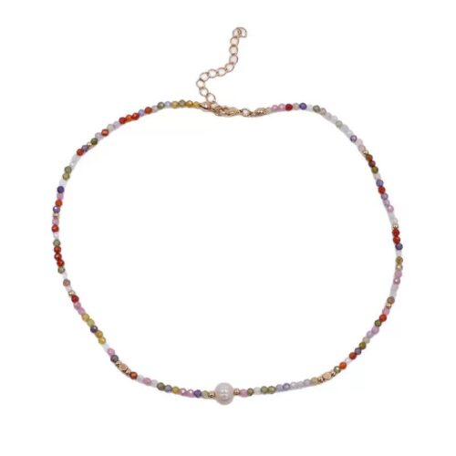Dainty Rainbow Gemstone Choker with Center Pearl