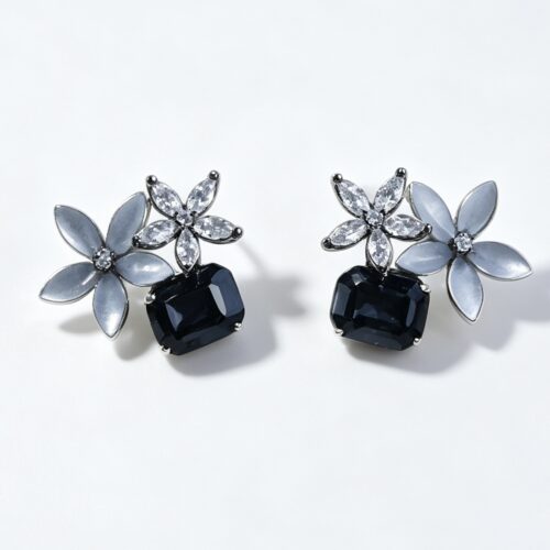 Sophisticated Two-Tone Blue Black Diamond Floral Dangle Earrings