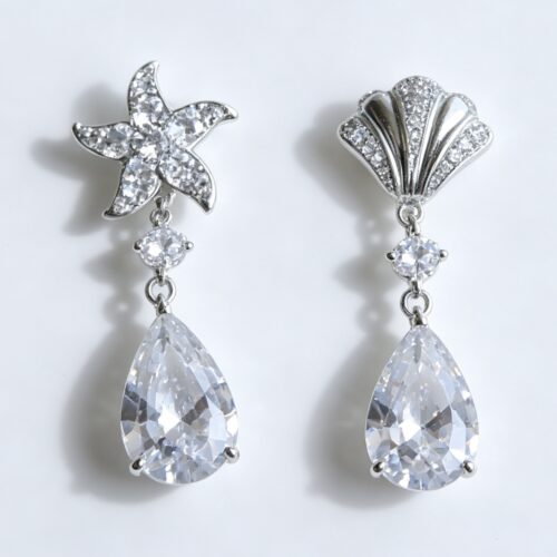 Starfish Shell Asymmetric Tear Drop Diamond Dangle Earrings