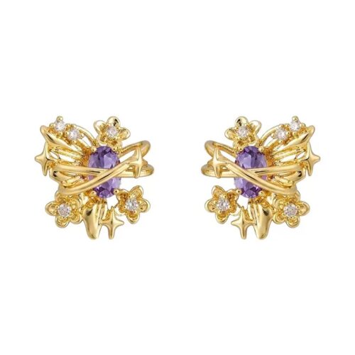 Starry Night Celestial Amethyst Gold Studs
