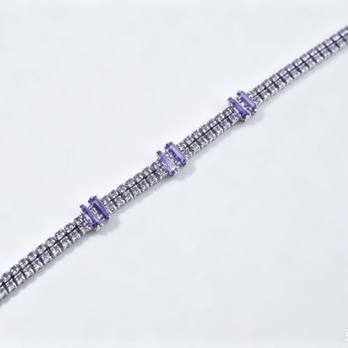 Double Row Silver Tennis Bracelet with Purple Baguette Crystals