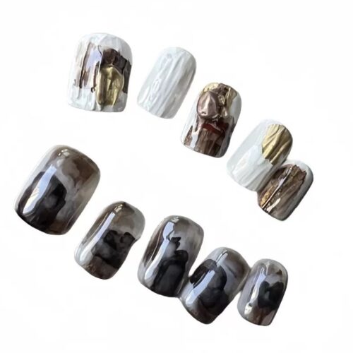Handmade 3D Metallic Abstract Press On Nails in White & Bronze