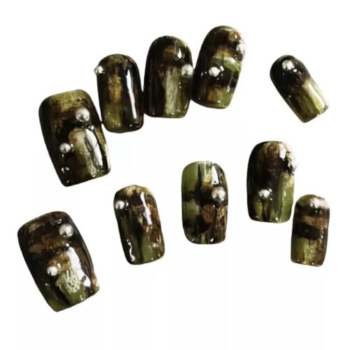 Handmade Grunge Olive Green Press On Nails with Silver Studs