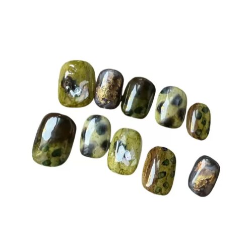 Handmade Matcha Green Tortoiseshell Press On Nails with Gold Foil