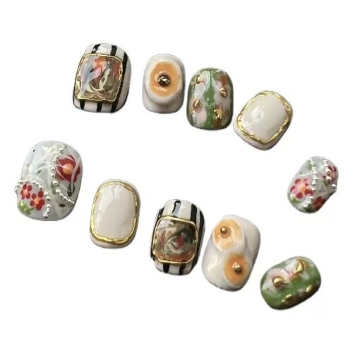 Handmade Vintage Floral & Striped Press On Nails with Gold Trim