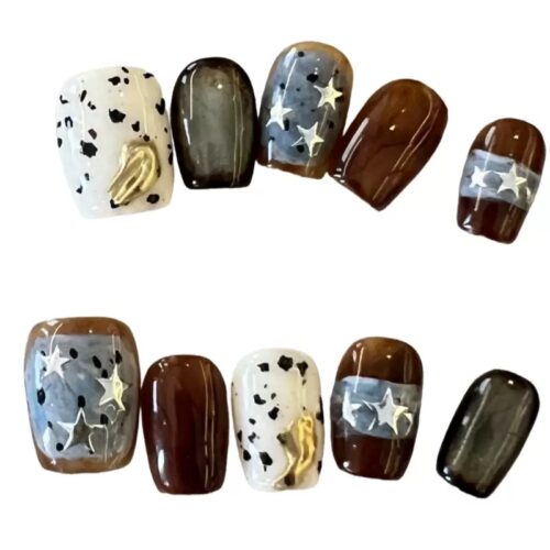 Handmade Y2K Dalmatian Print & Star Press On Nails with 3D Gold