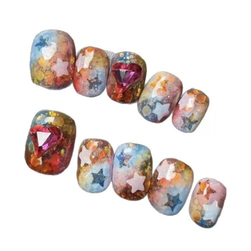 Handmade Y2K Glitter Galaxy Press On Nails with Stars & 3D Heart