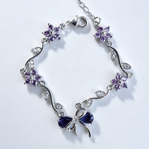 Purple Floral Vine & Blue Crystal Bow Silver Bracelet